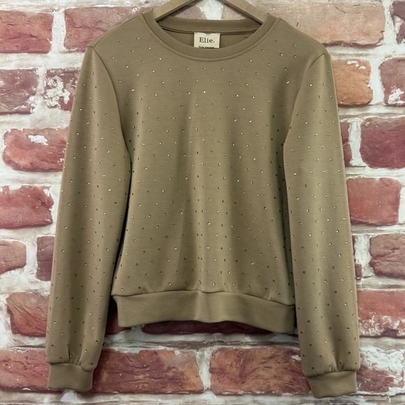 Elie Tahari Sweatshirt Women's Small Petite Brown Sparkly Rhinestone Top Shirt - Picture 6 of 8